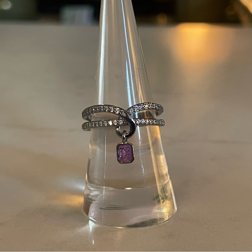 Sterling Silver Double-Band Ring with Pink Charm